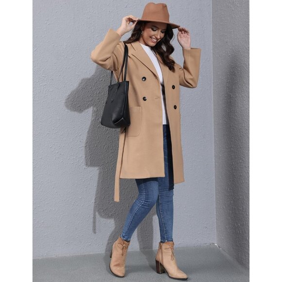 Elegant Womens Wool Pea Coat - Warm Notched Collar Double Breasted Outerwear - Picture 4 of 8